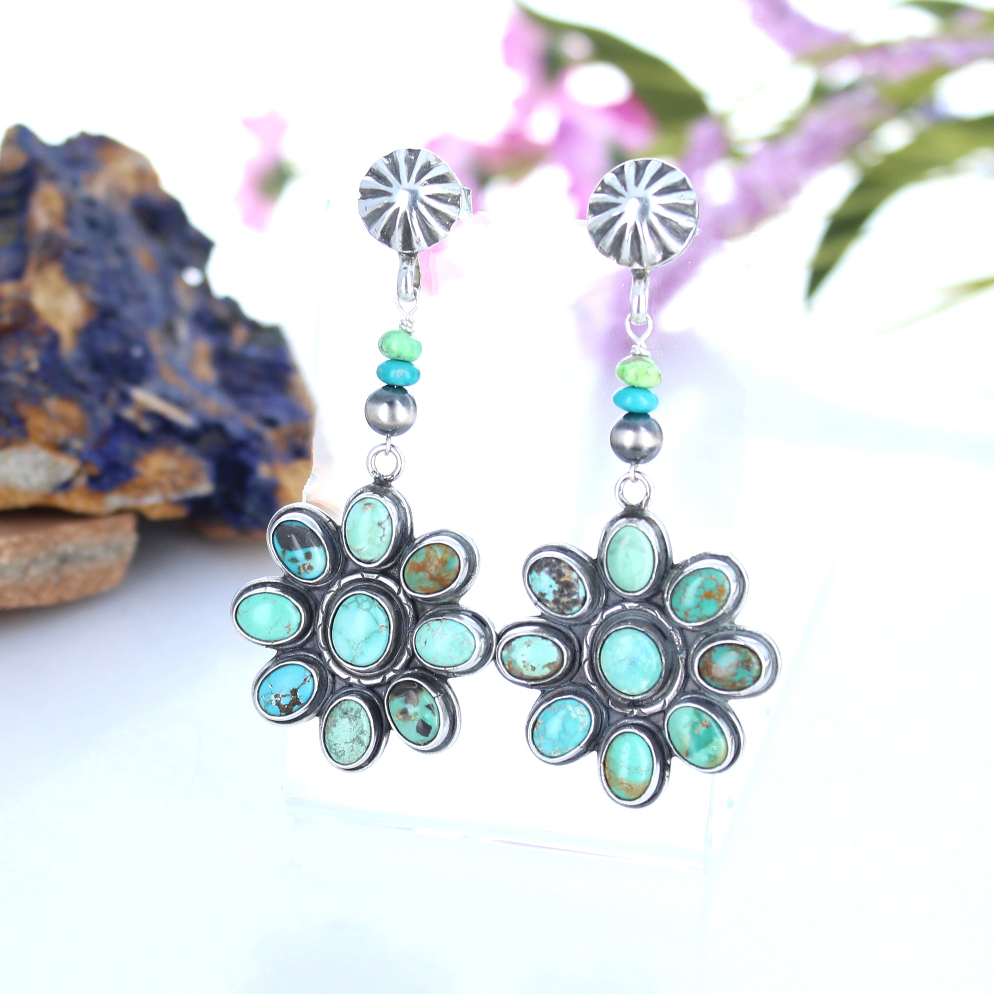 Carico Lake Turquoise Flower Earrings Sterling Southwest 9 Stones -NewWorldGems