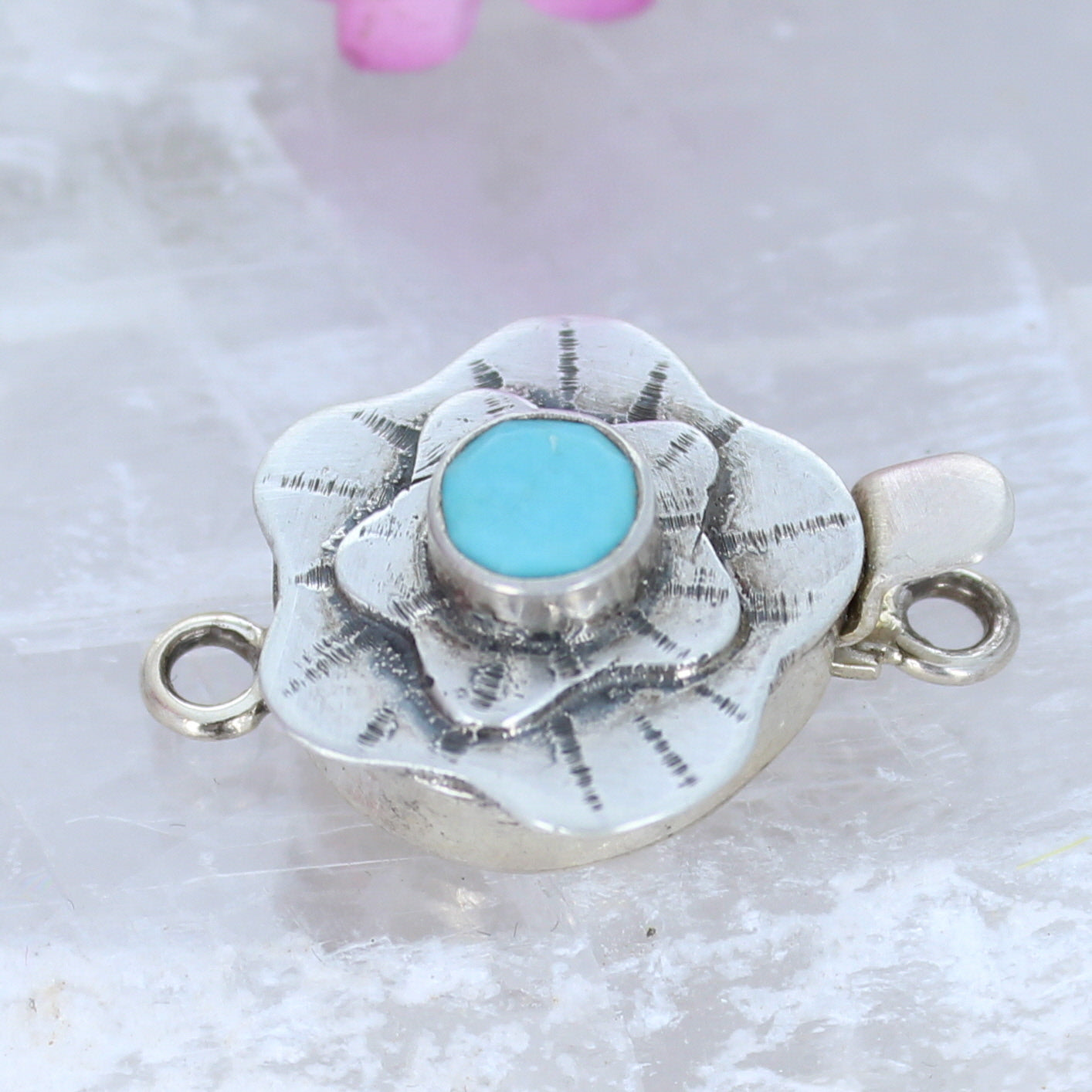 Faceted Turquoise Floral Clasp Sterling Silver Handmade -NewWorldGems