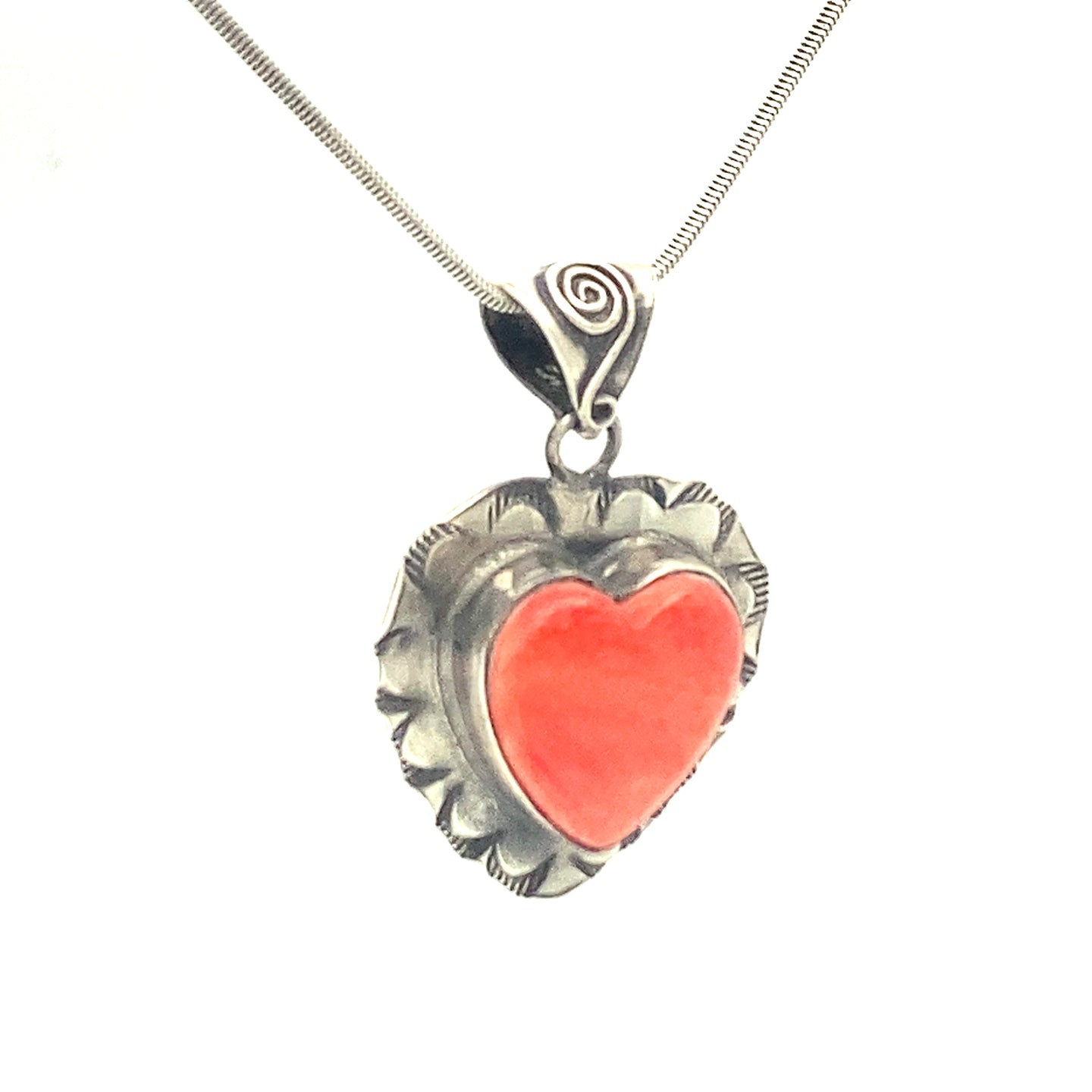 Spiny Oyster Red Orange Concho Heart Pendant Sterling -NewWorldGems