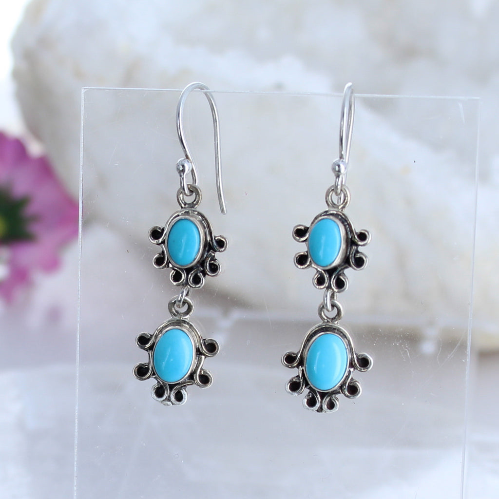 AAA Sleeping Beauty Turquoise Earrings Sterling 2 Stone Wire Design -NewWorldGems