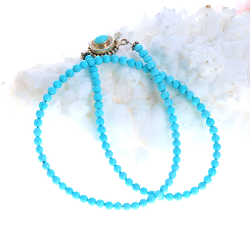 SLEEPING BEAUTY Turquoise Necklace 4mm Round Beads Sterling 17" -NewWorldGems