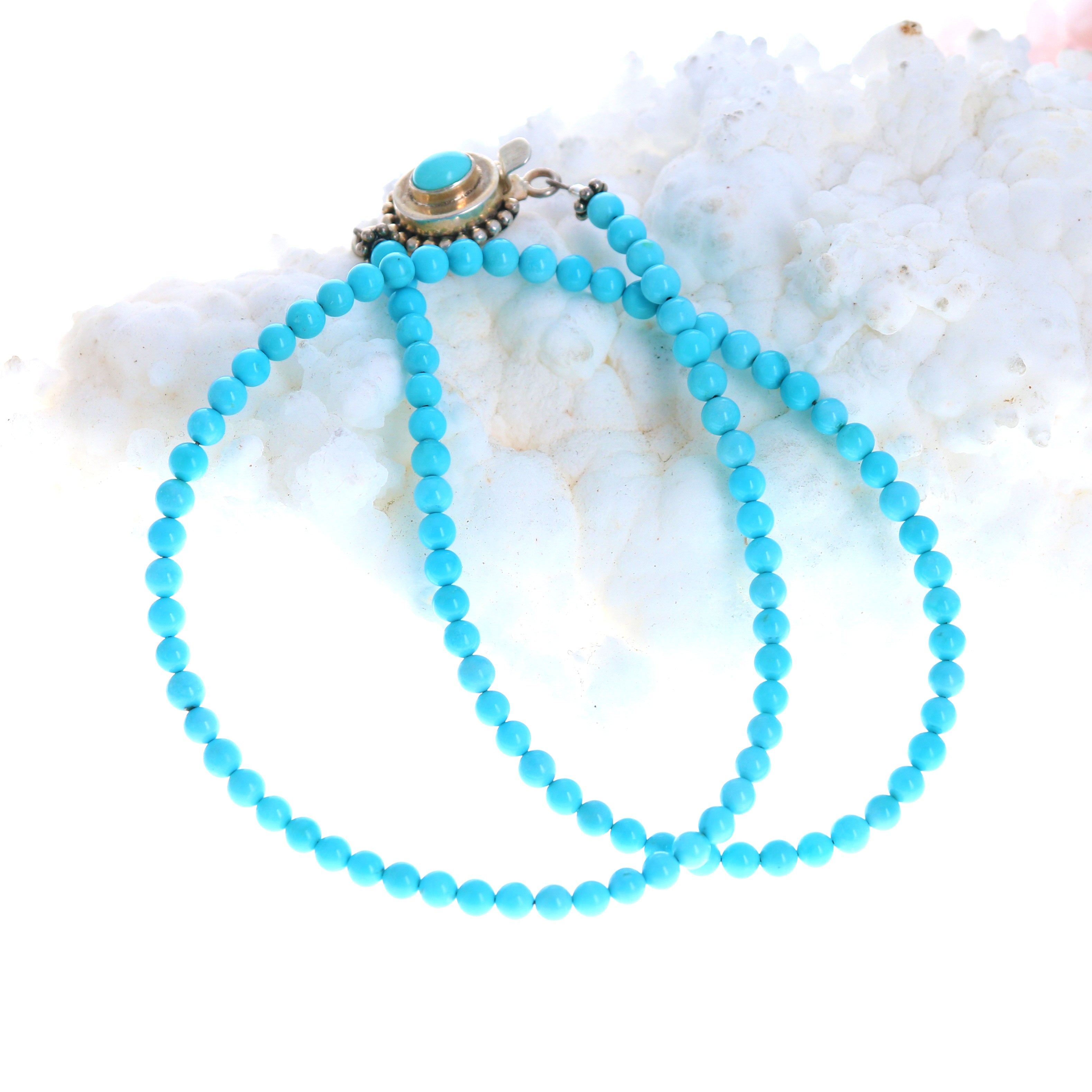 SLEEPING BEAUTY Turquoise Necklace 4mm Round Beads Sterling 17" -NewWorldGems