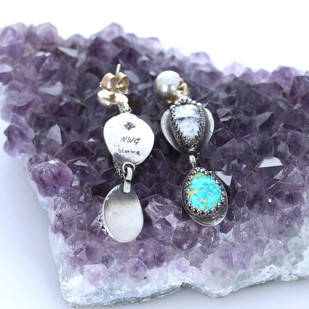 Gorgeous Sonoran Blue and White Buffalo Turquoise Earrings Sterling -NewWorldGems