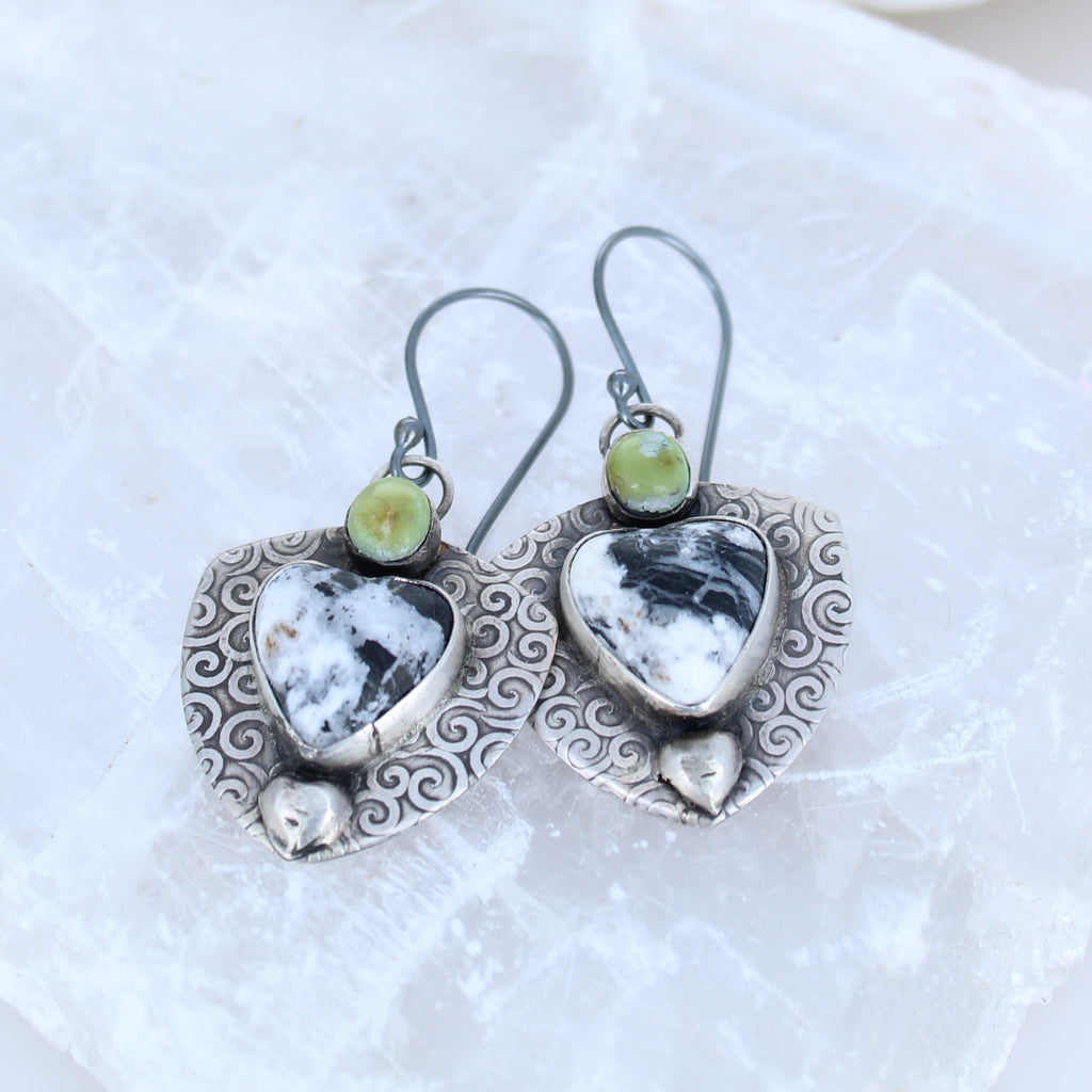 Hearts Sonoran Gold and White Buffalo Turquoise Earrings Sterling -NewWorldGems