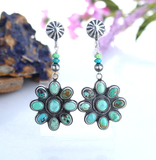Carico Lake Turquoise Flower Earrings Sterling Southwest 9 Stones -NewWorldGems