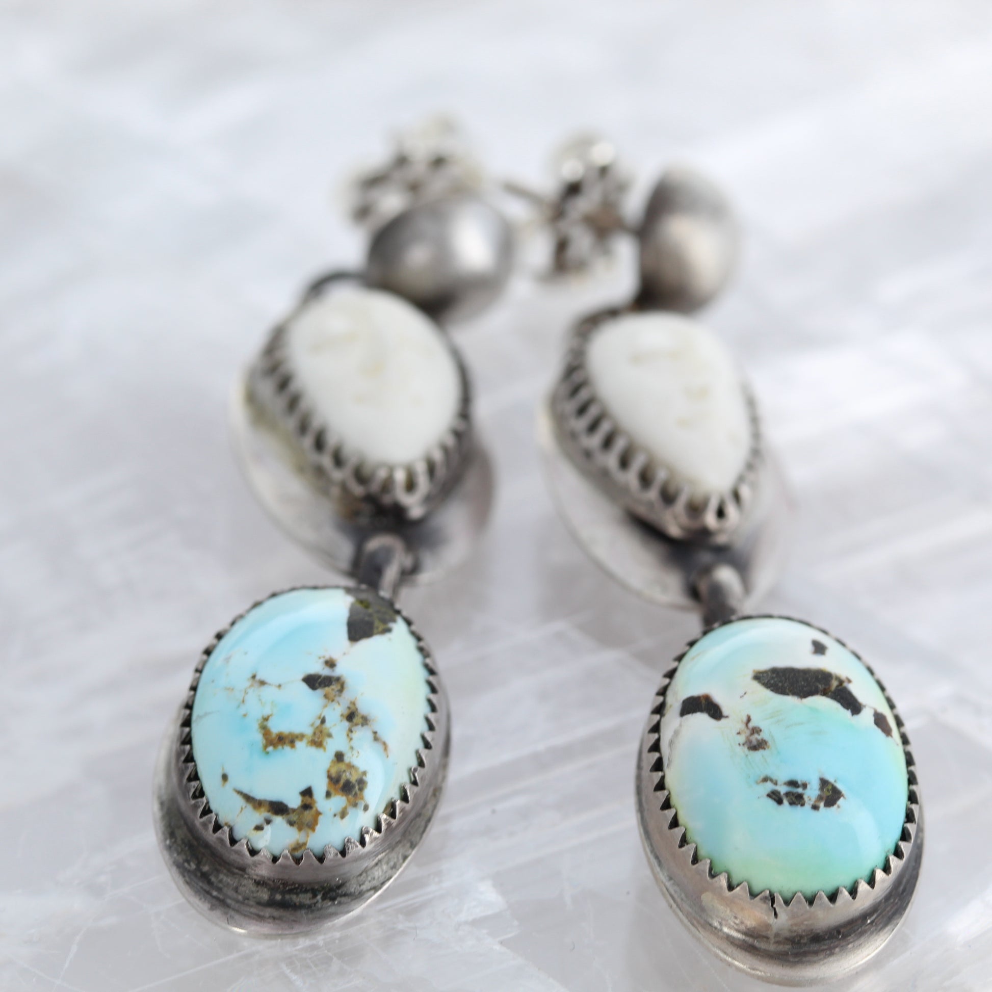 Rare Lone Mountain TURQUOISE EARRINGS Sterling Carved Moon Faces -NewWorldGems