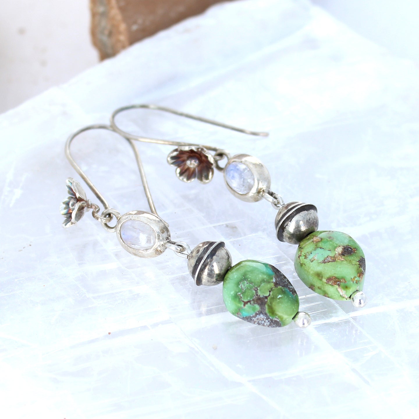 Blue Moonstone Sonoran Gold Turquoise Earrings Sterling -NewWorldGems