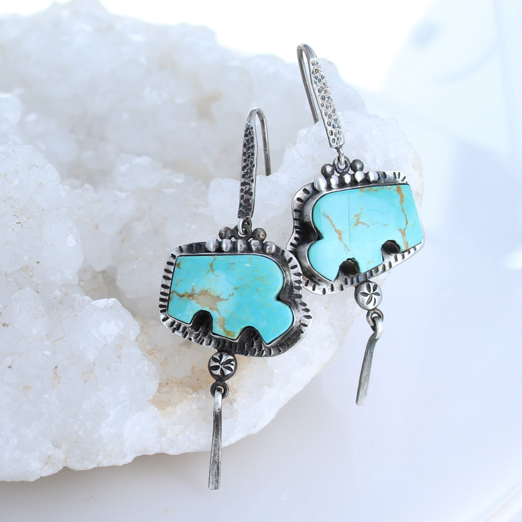 Carved Buffalo Turquoise Earrings Sterling Southwest Oxidized -NewWorldGems