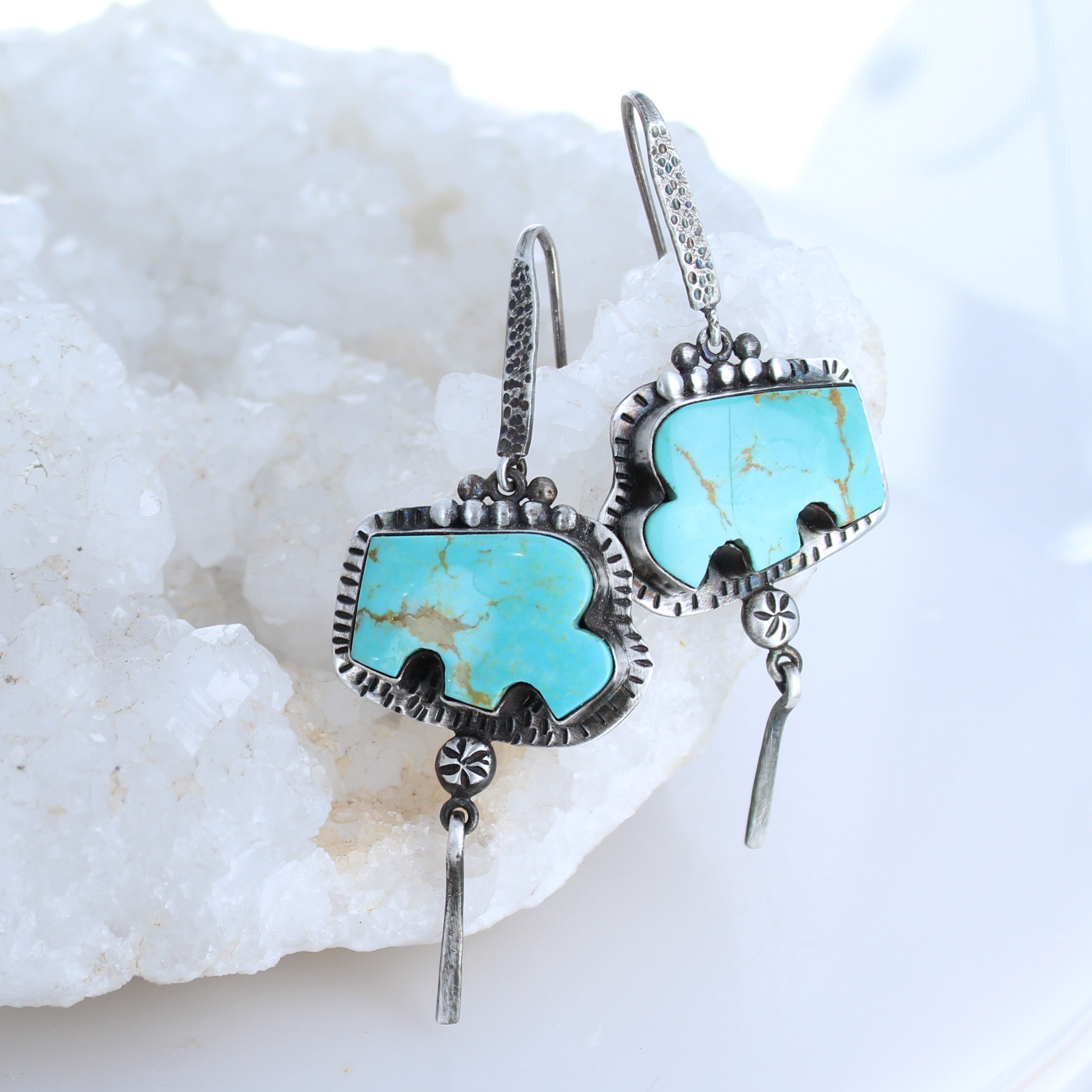Carved Buffalo Turquoise Earrings Sterling Southwest Oxidized -NewWorldGems