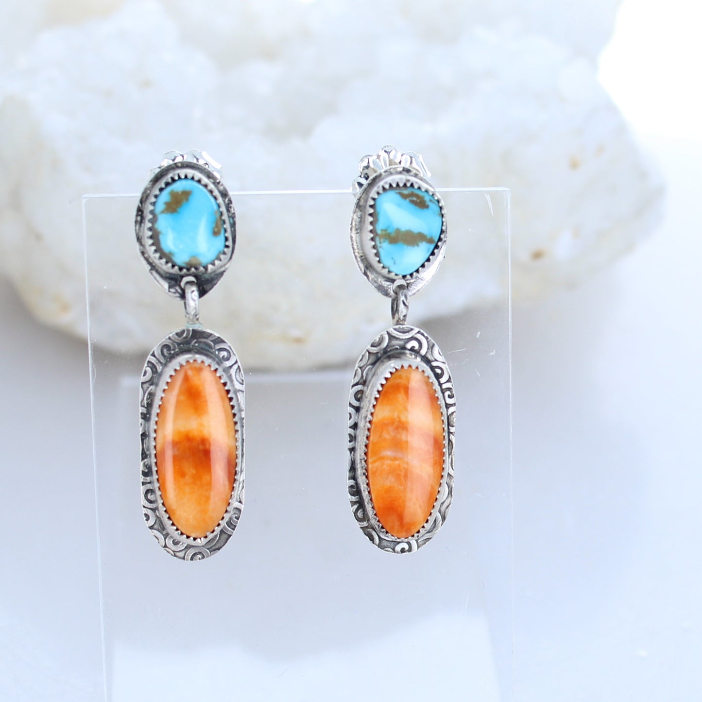 Sunset Lone Mountain Turquoise Sterling Earrings with Spiny Oyster Patterned -NewWorldGems