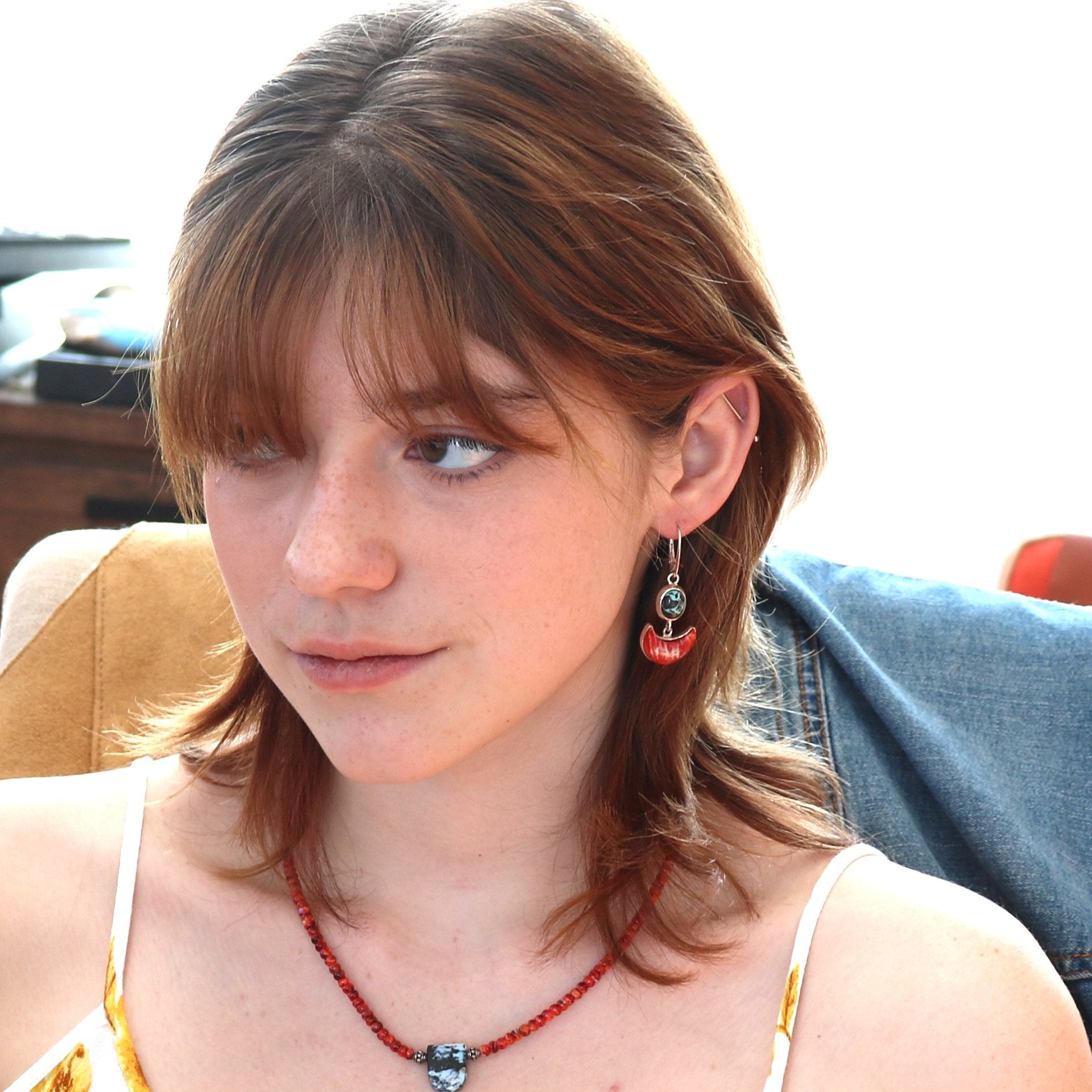 Red Spiny Oyster Moon Earrings With Turquoise Accents -NewWorldGems
