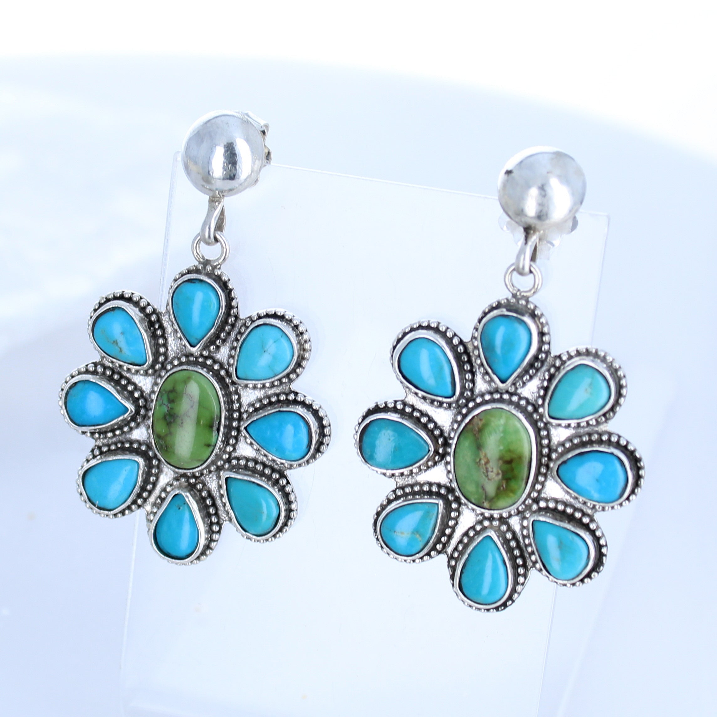 Sleeping Beauty and Sonoran Gold Turquoise Flower EarringsSouthwest 9 Stones -NewWorldGems