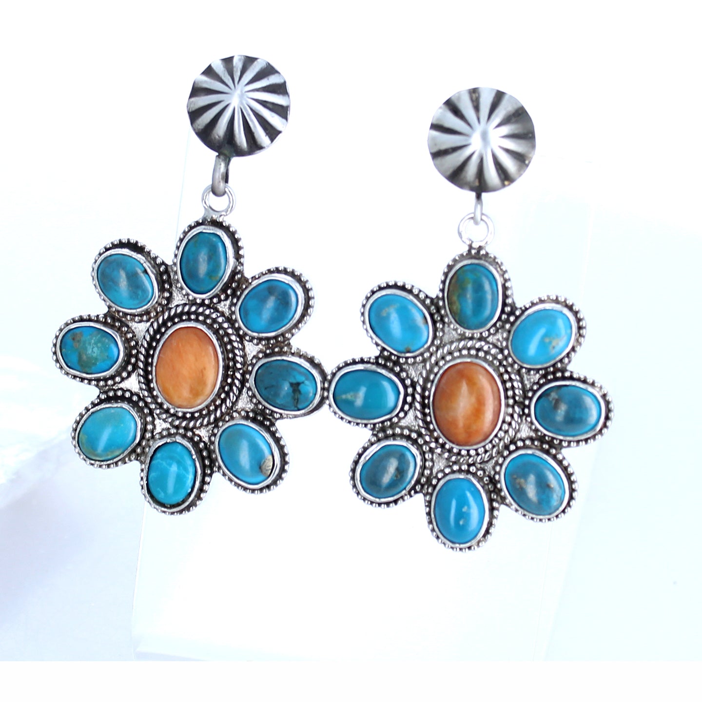 Kingman Turquoise Spiny Oyster Earrings Sterling 9 Stone Floral -NewWorldGems