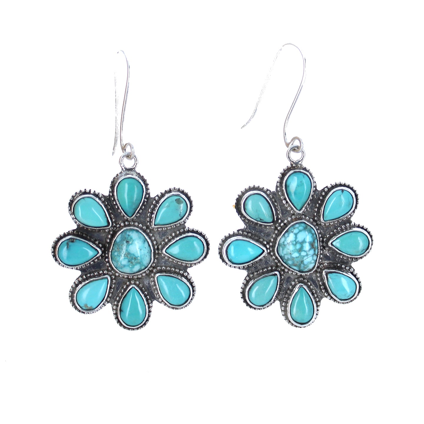 White Water Turquoise Flower Earrings Sterling Southwest 9 Stones -NewWorldGems