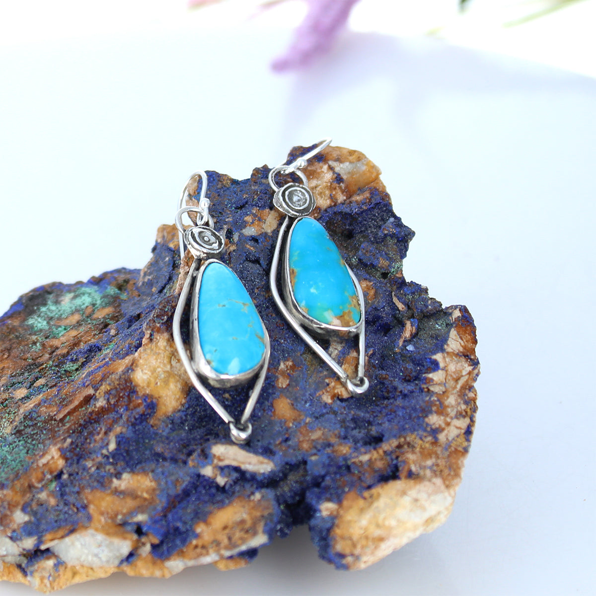 Bright Blue Kingman Turquoise Sterling Silver Goddess Earrings -NewWorldGems