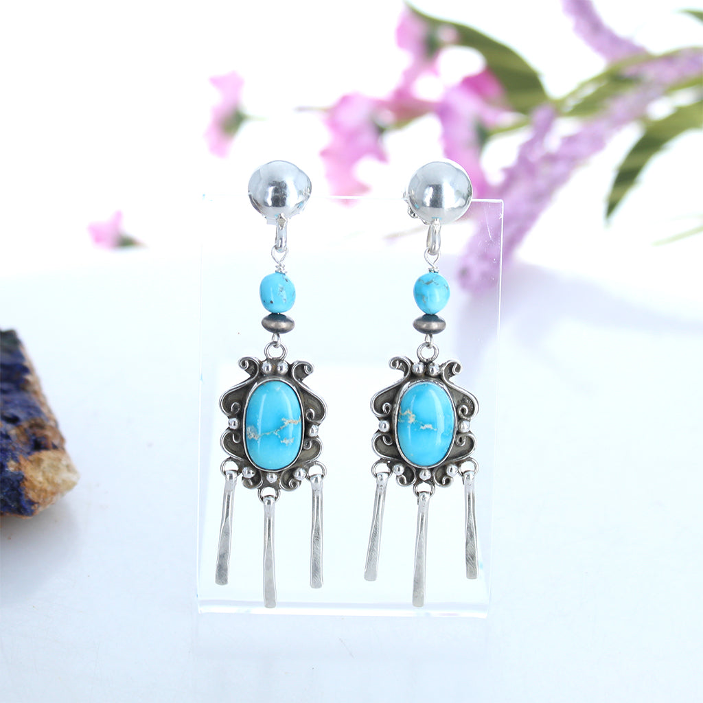Blue Ridge Nevada Turquoise Earrings Scroll Design Dangles -NewWorldGems