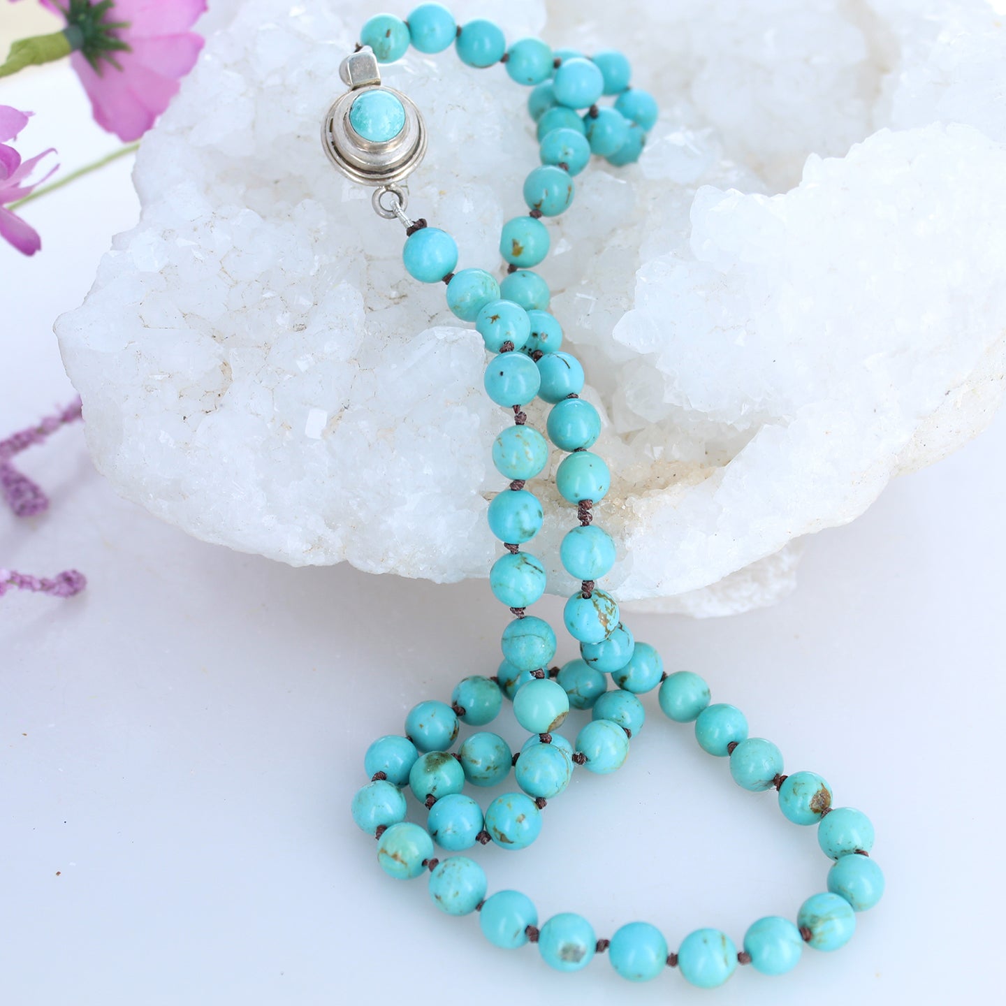 AAA Turquoise Necklace Knotted 8mm Round Beads -NewWorldGems