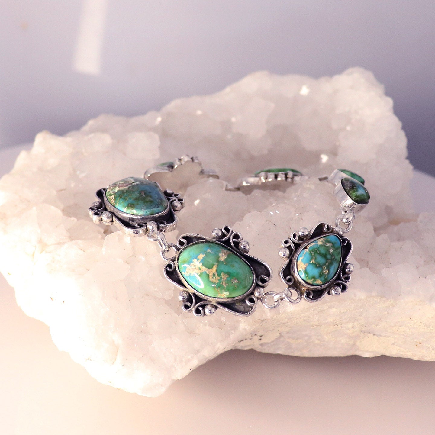 Sonoran MountainTurquoise Bracelet Sterling Scroll Design Multi Stone -NewWorldGems