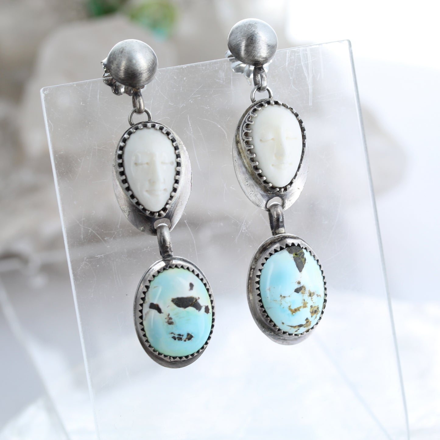 Rare Lone Mountain TURQUOISE EARRINGS Sterling Carved Moon Faces -NewWorldGems