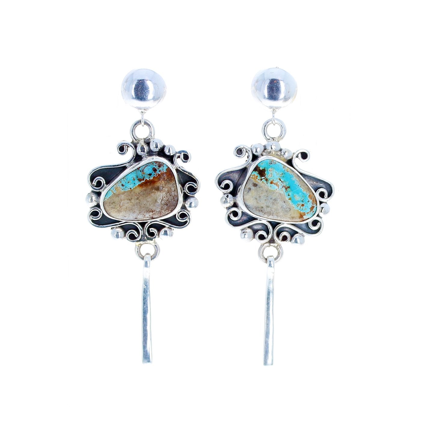 Royston Turquoise Earrings Sterling Scroll Design Dangles Light Blue -NewWorldGems