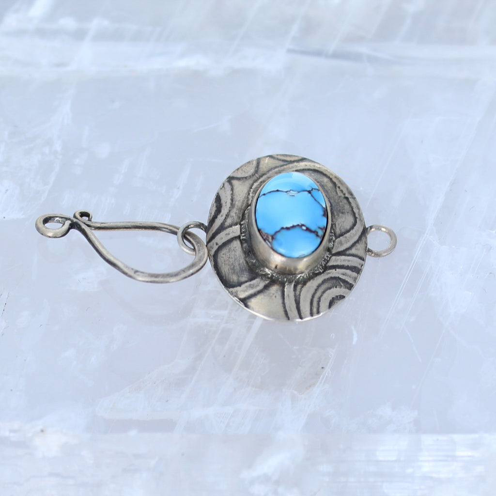 Kazakhstan Turquoise Clasp J Hook Patterned Sterling -NewWorldGems