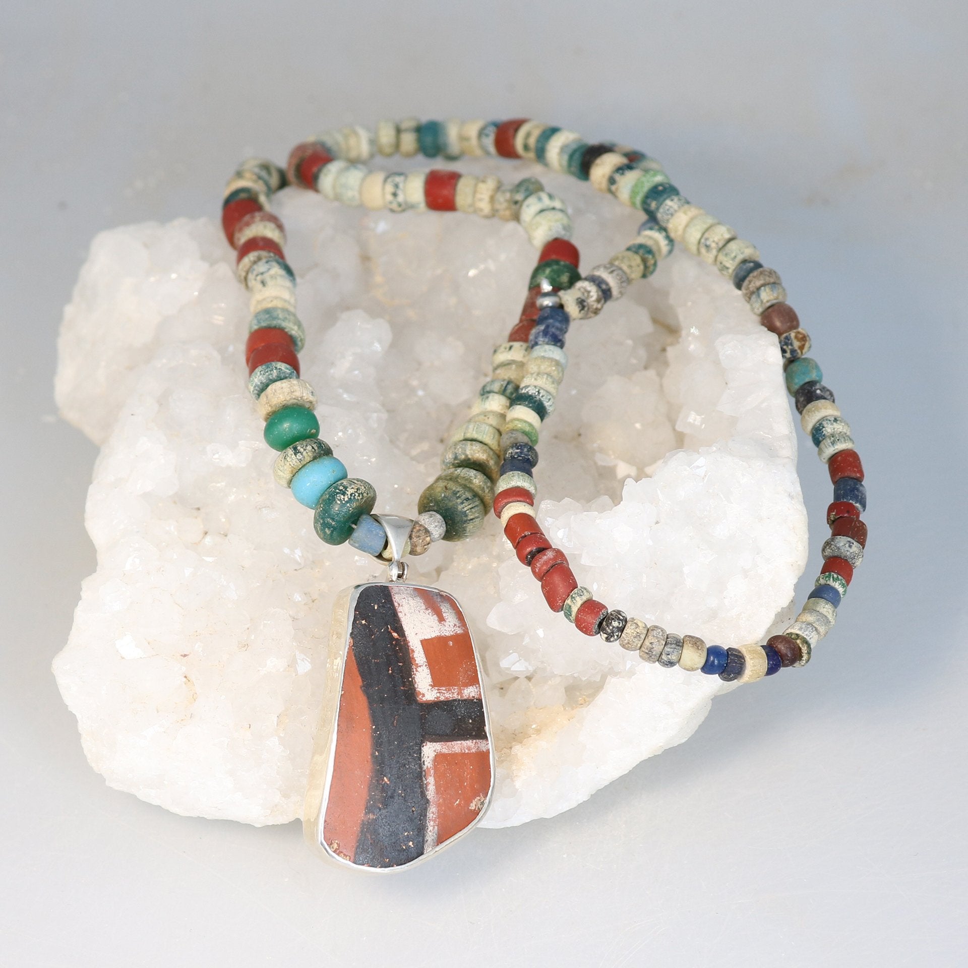 Djenne Ancient Blue Glass Beads Necklace With Anasazi Pottery Pendant -NewWorldGems