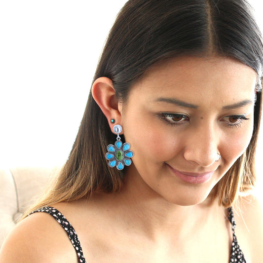 Sleeping Beauty and Sonoran Gold Turquoise Flower EarringsSouthwest 9 Stones -NewWorldGems