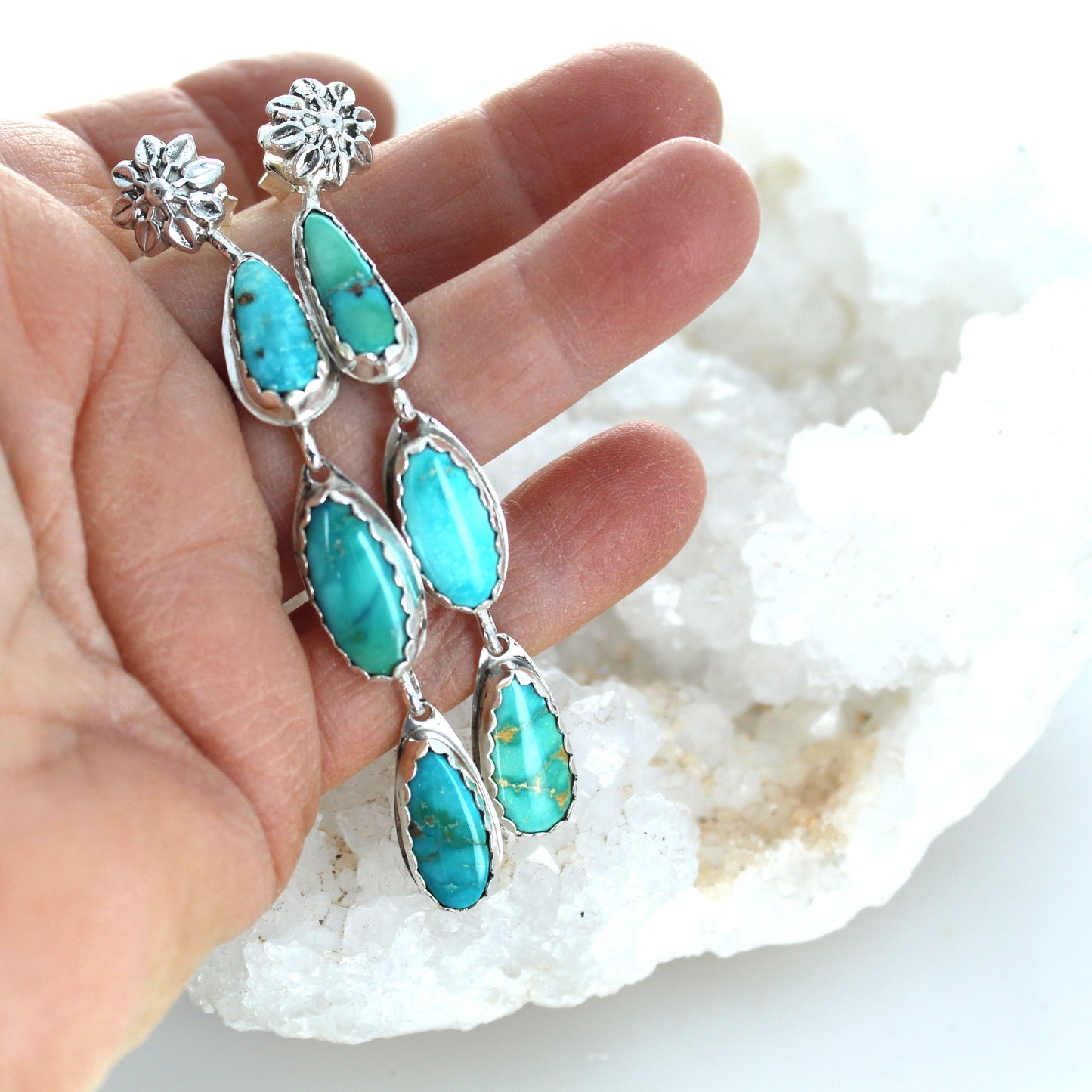 Emerald Valley Turquoise Earrings 3 Stone Dangles Floral Post -NewWorldGems