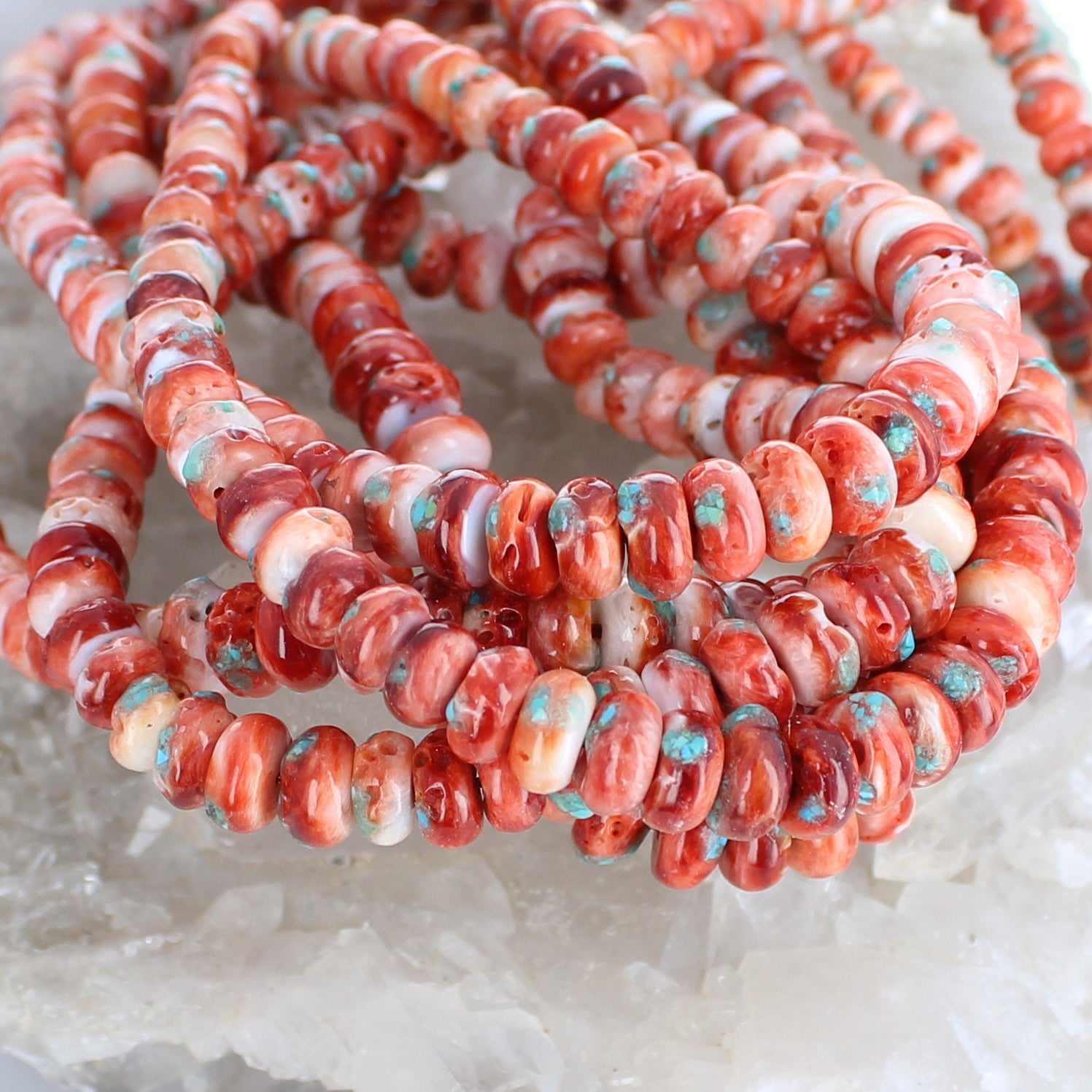 Red Spiny Oyster Beads With Turquoise Inlay 16" Graduated 4-8mm -NewWorldGems