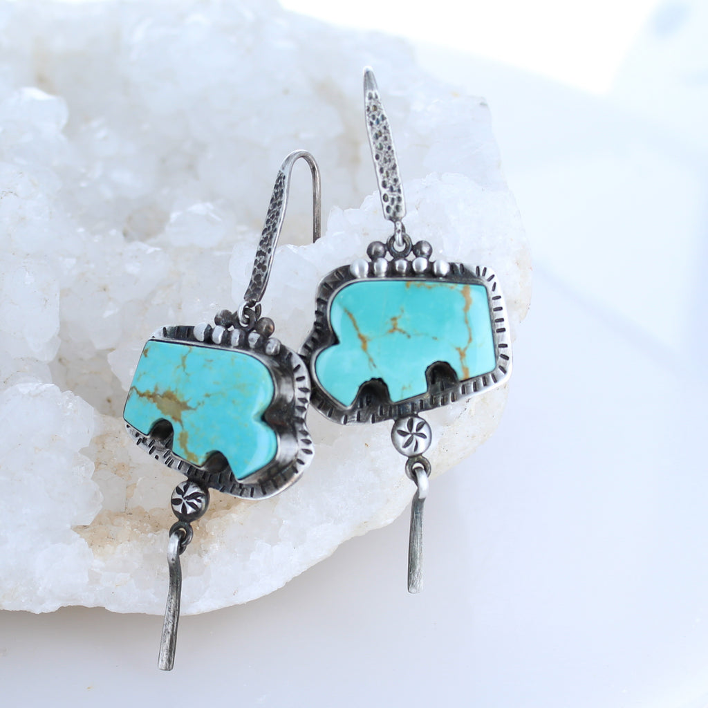 Carved Buffalo Turquoise Earrings Sterling Southwest Oxidized -NewWorldGems