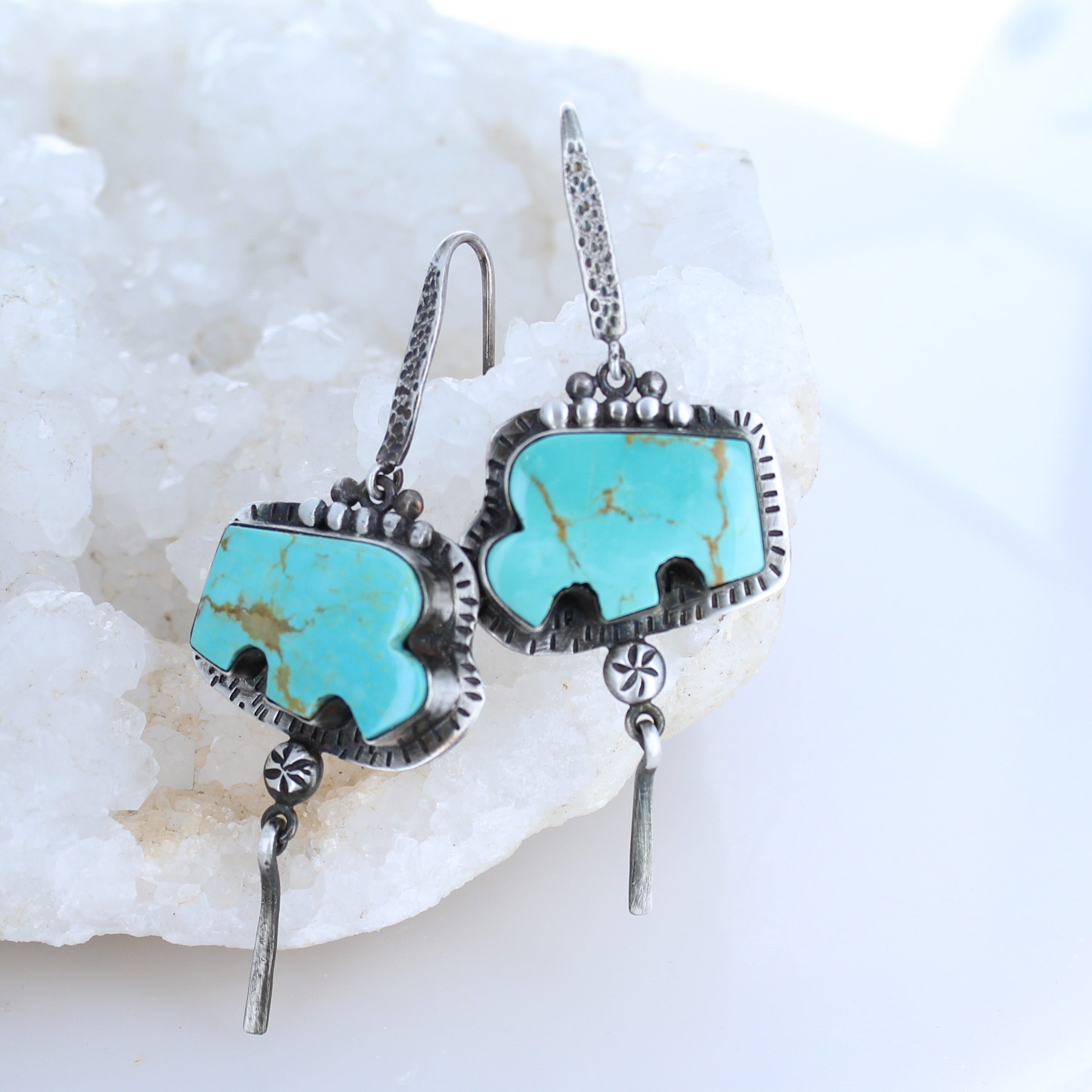 Carved Buffalo Turquoise Earrings Sterling Southwest Oxidized -NewWorldGems