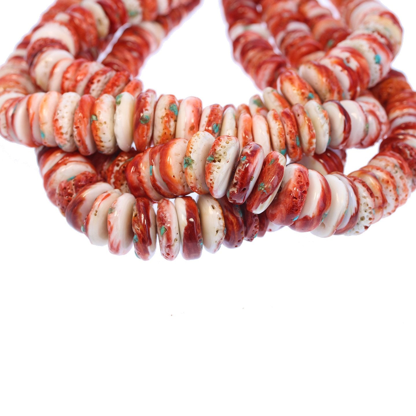 Spiny Oyster Beads Red With Turquoise Inlay 16" -NewWorldGems