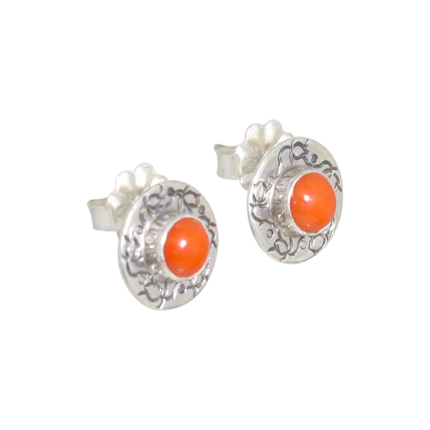 Red Italian Coral Earrings Sterling Style Posts 7Mm Round, -NewWorldGems