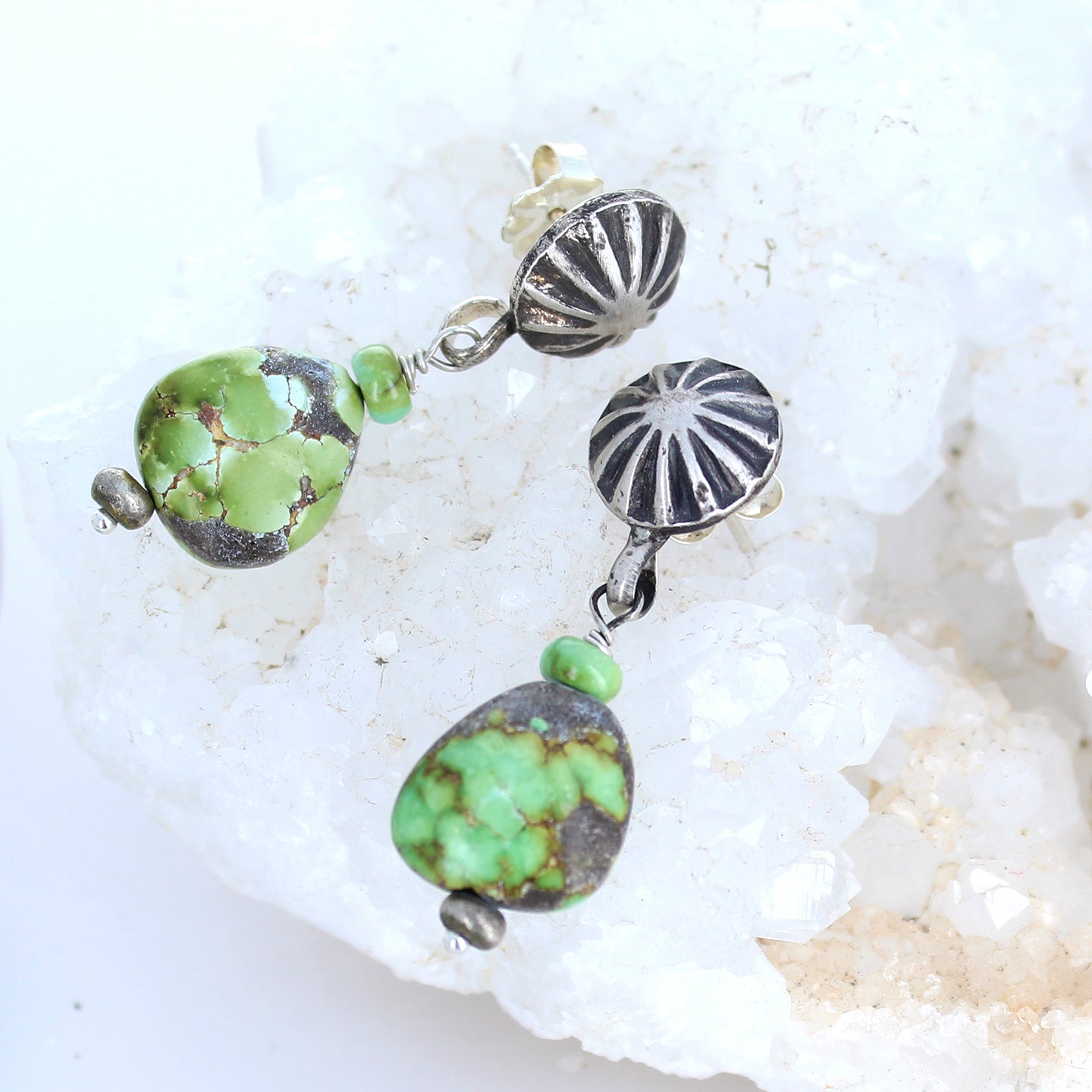 Sonoran Gold Turquoise Teardrop Earrings Sunburst Sterling -NewWorldGems