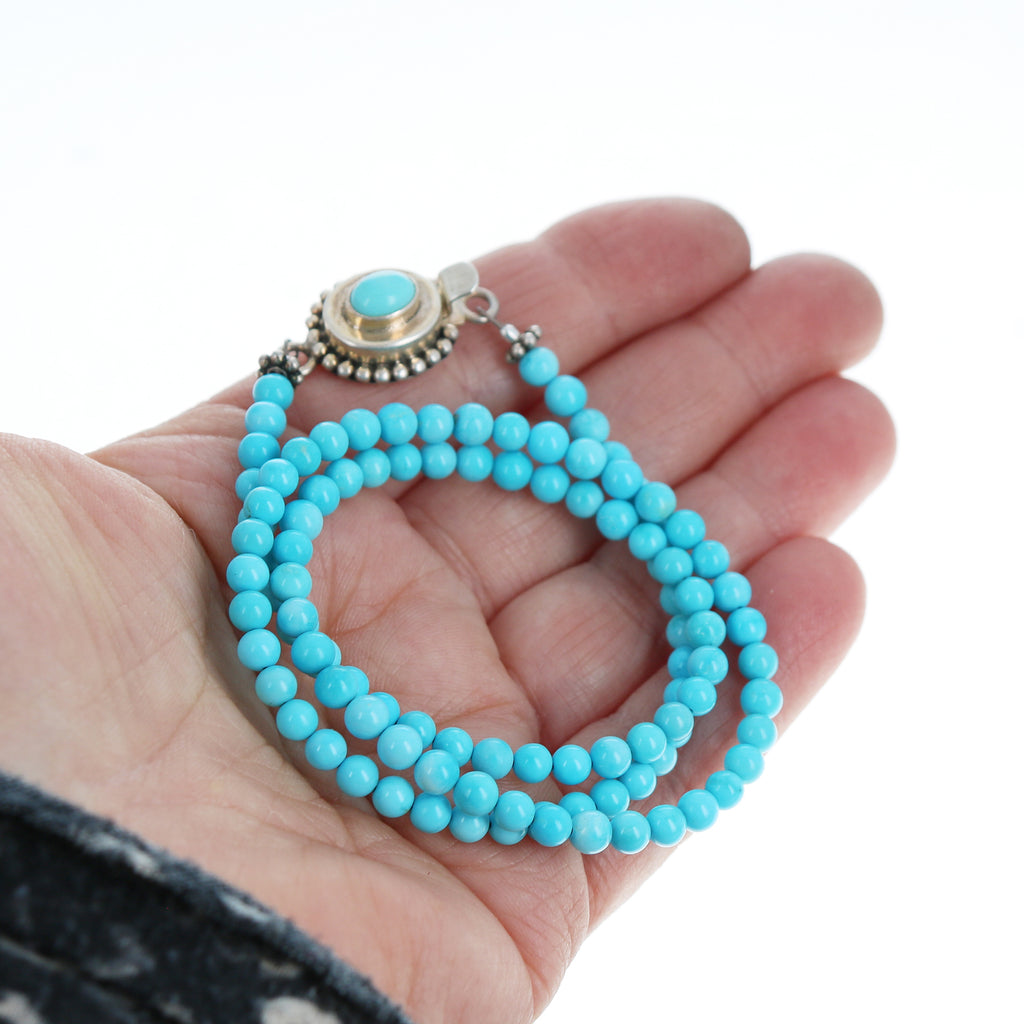 SLEEPING BEAUTY Turquoise Necklace 4mm Round Beads Sterling 17" -NewWorldGems