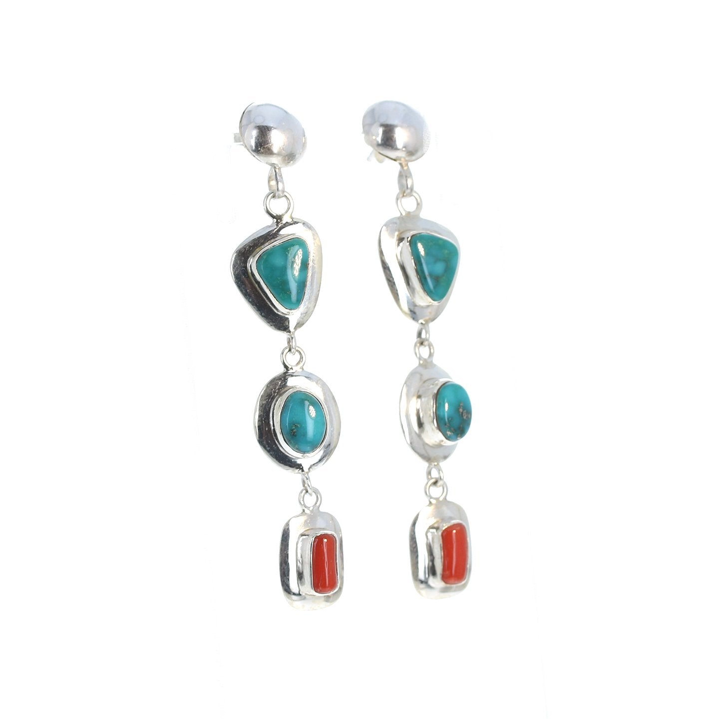 Blue Fox Turquoise Earrings Sterling Silver With Italian Coral -NewWorldGems