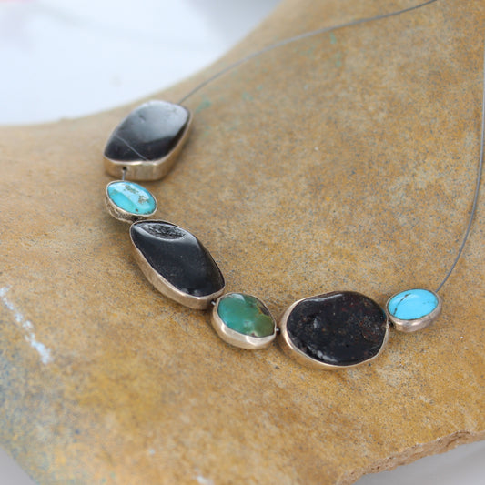 STERLING SILVER RIMMED Turquoise and Amber Beads 6Pcs -NewWorldGems