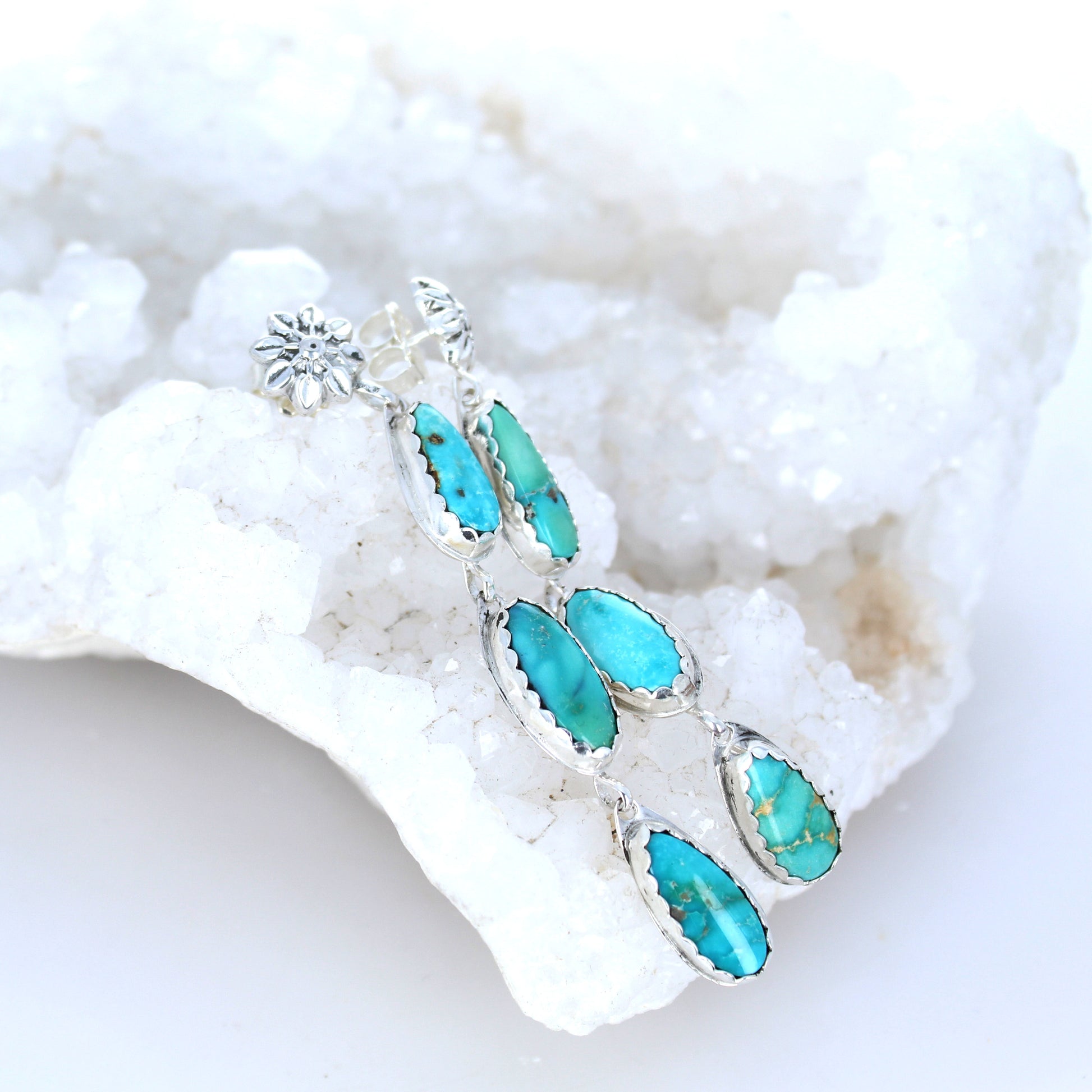 Emerald Valley Turquoise Earrings 3 Stone Dangles Floral Post -NewWorldGems