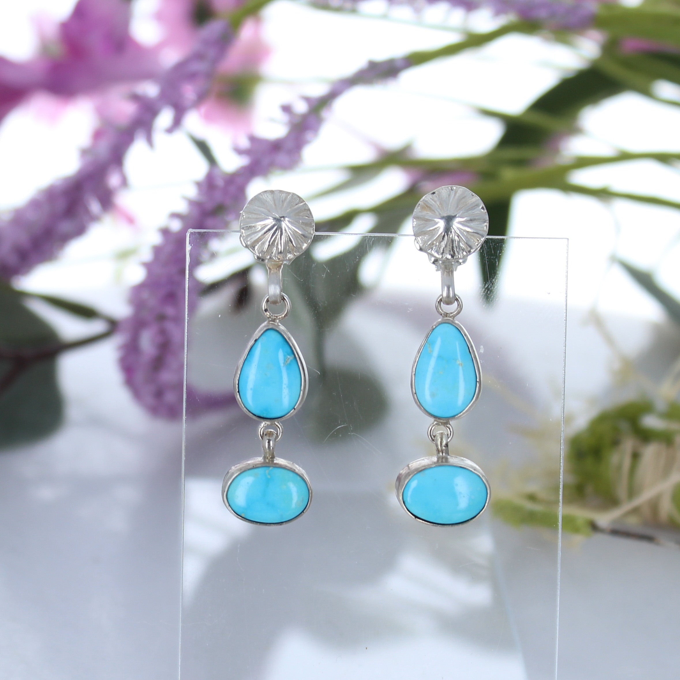 Blue Bird Nevada Turquoise Sterling Earrings 2 Stone Dangles -NewWorldGems