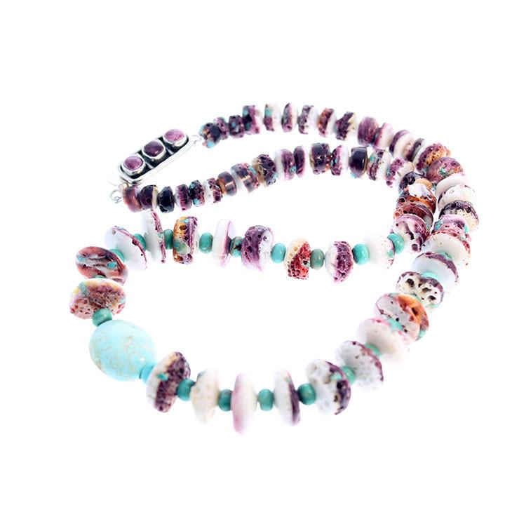 Purple Spiny Oyster Nevada Turquoise Necklace 20" -NewWorldGems