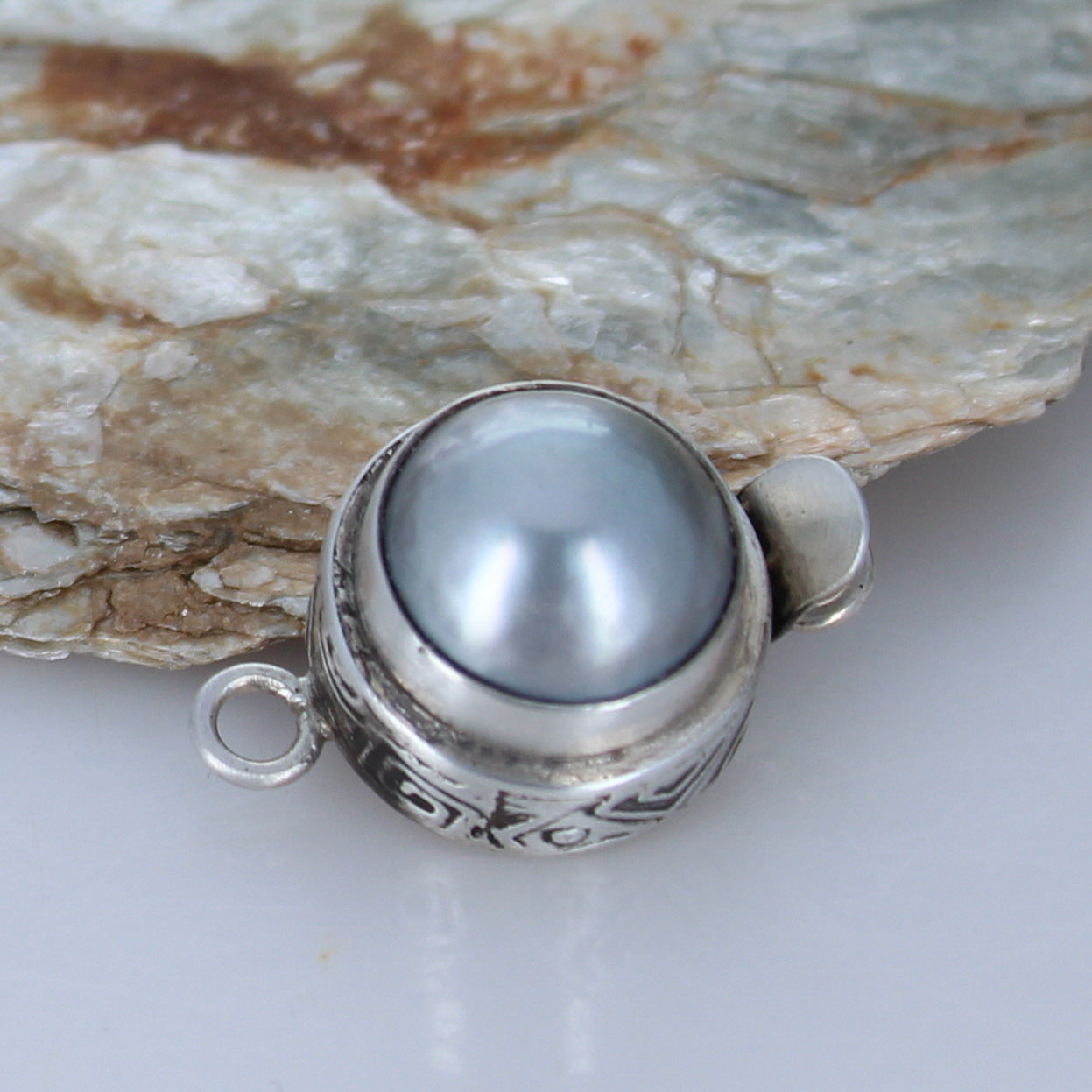 Silver Mabe Pearl Clasp Textured Design 12mm Sterling -NewWorldGems