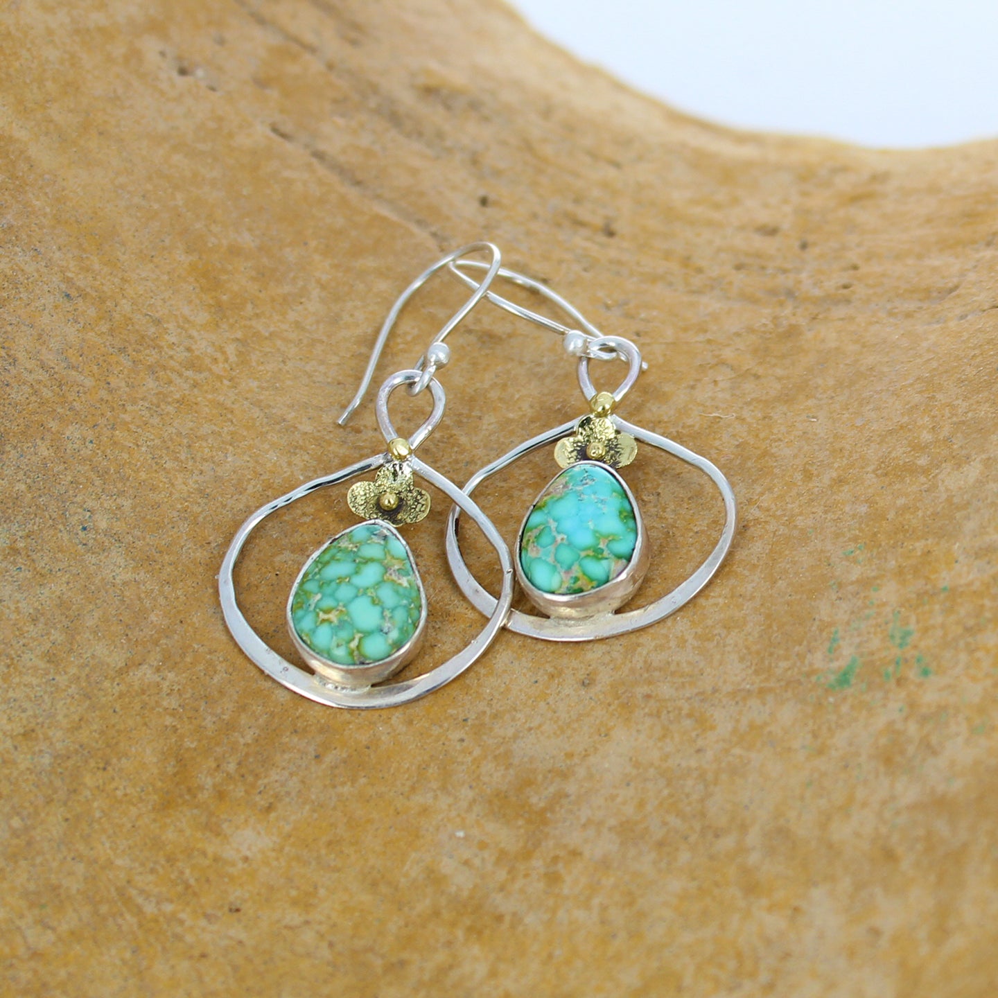 Sonoran Gold Turquoise Earrings with 18K Gold Flowers -NewWorldGems