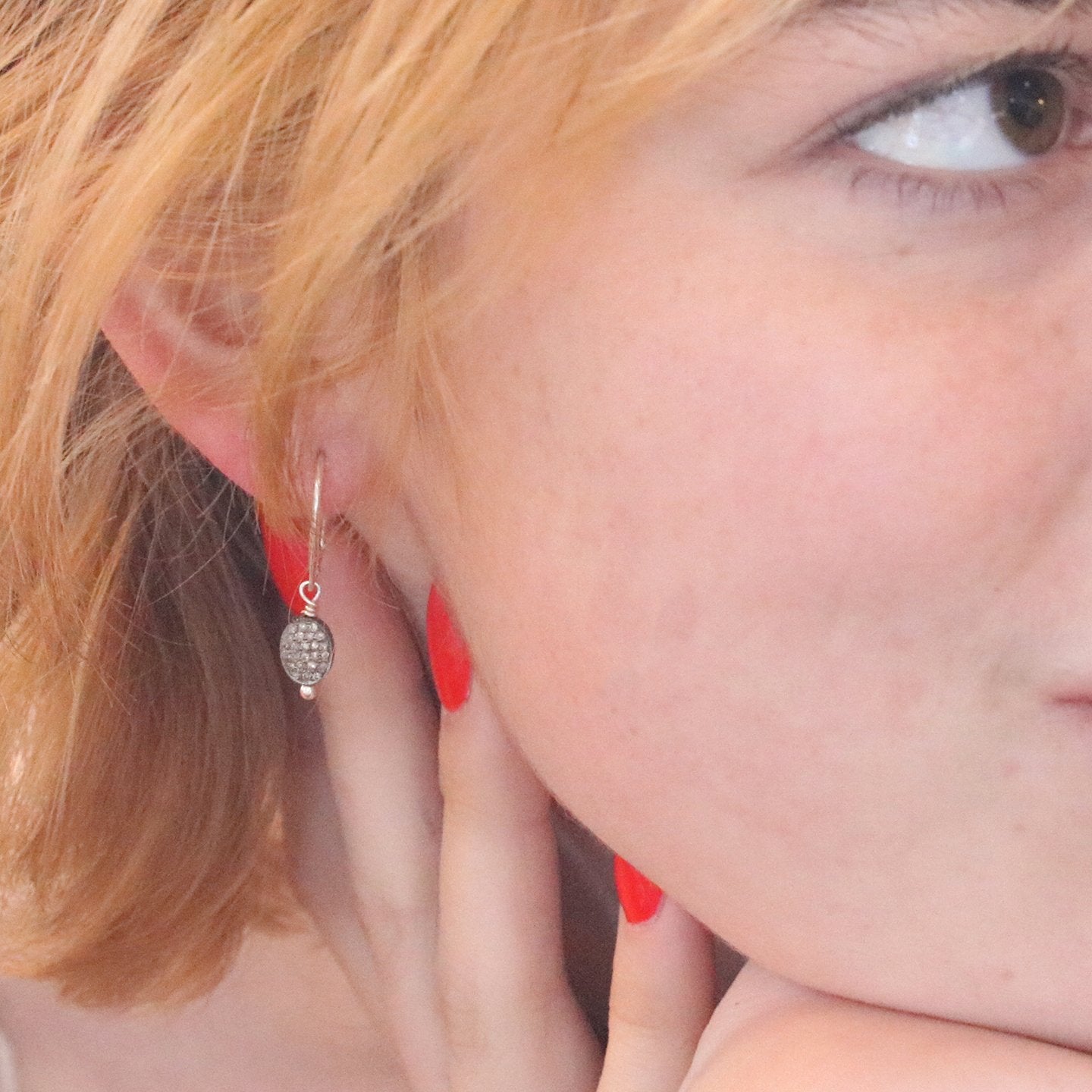 Pave Diamond Earrings Sterling Silver 6X8Mm 1.25" -NewWorldGems