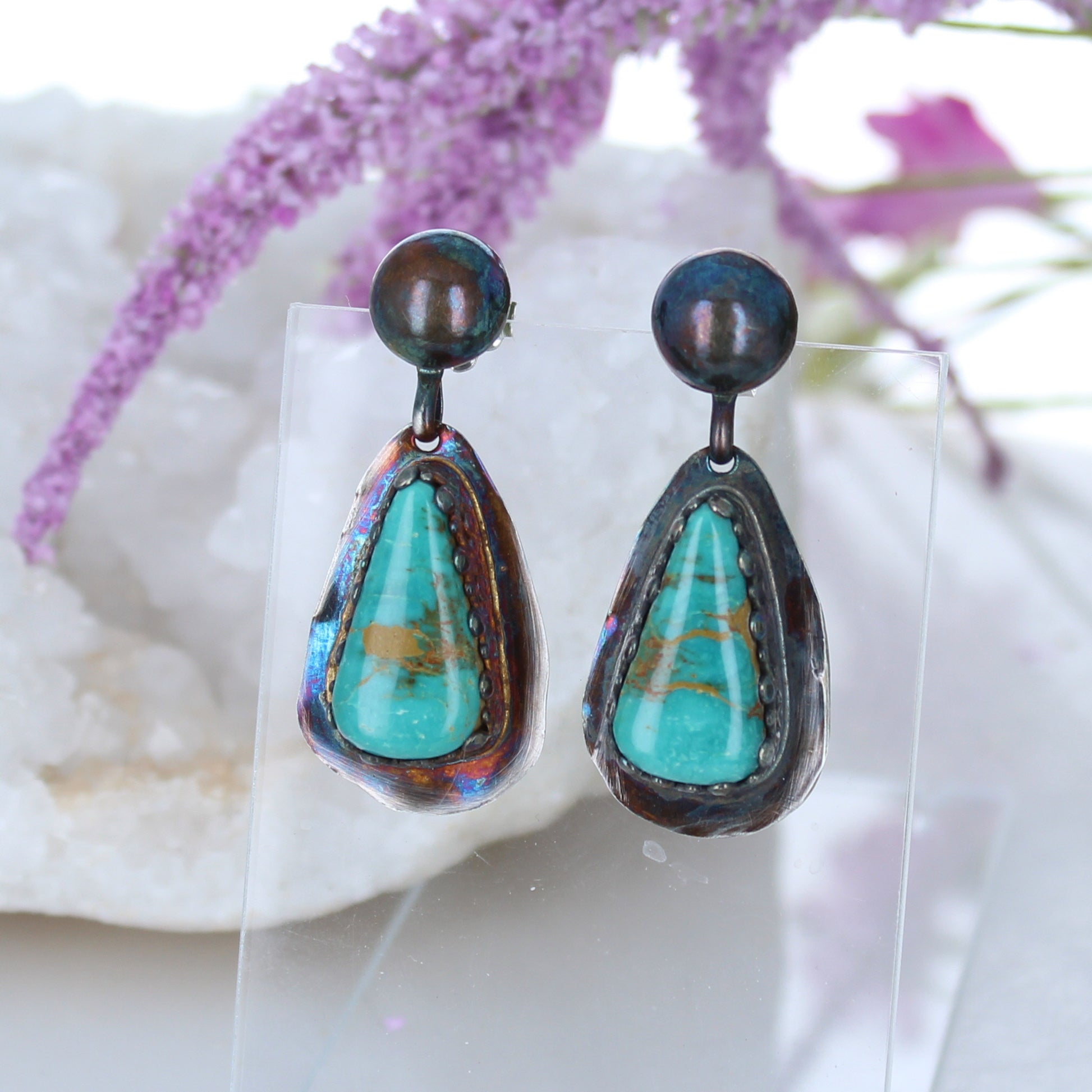Royston Turquoise Earrings Emerald Green Golden Rainbow Oxidized -NewWorldGems