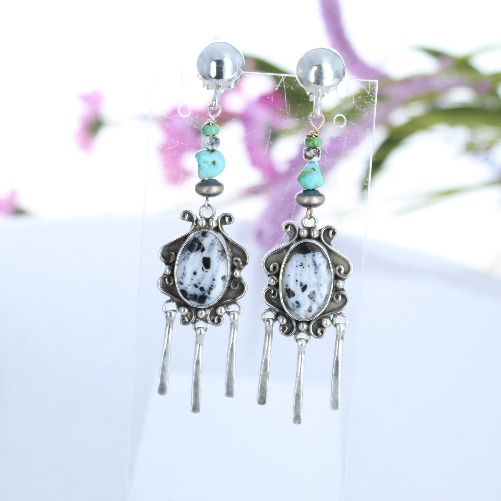 Rare White Buffalo Turquoise Earrings Sterling Scroll Design with Lone Mountain -NewWorldGems