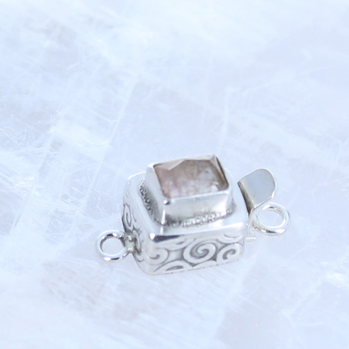 Light Pink Tourmaline Faceted Sterling Clasp Patterned Rectangle -NewWorldGems