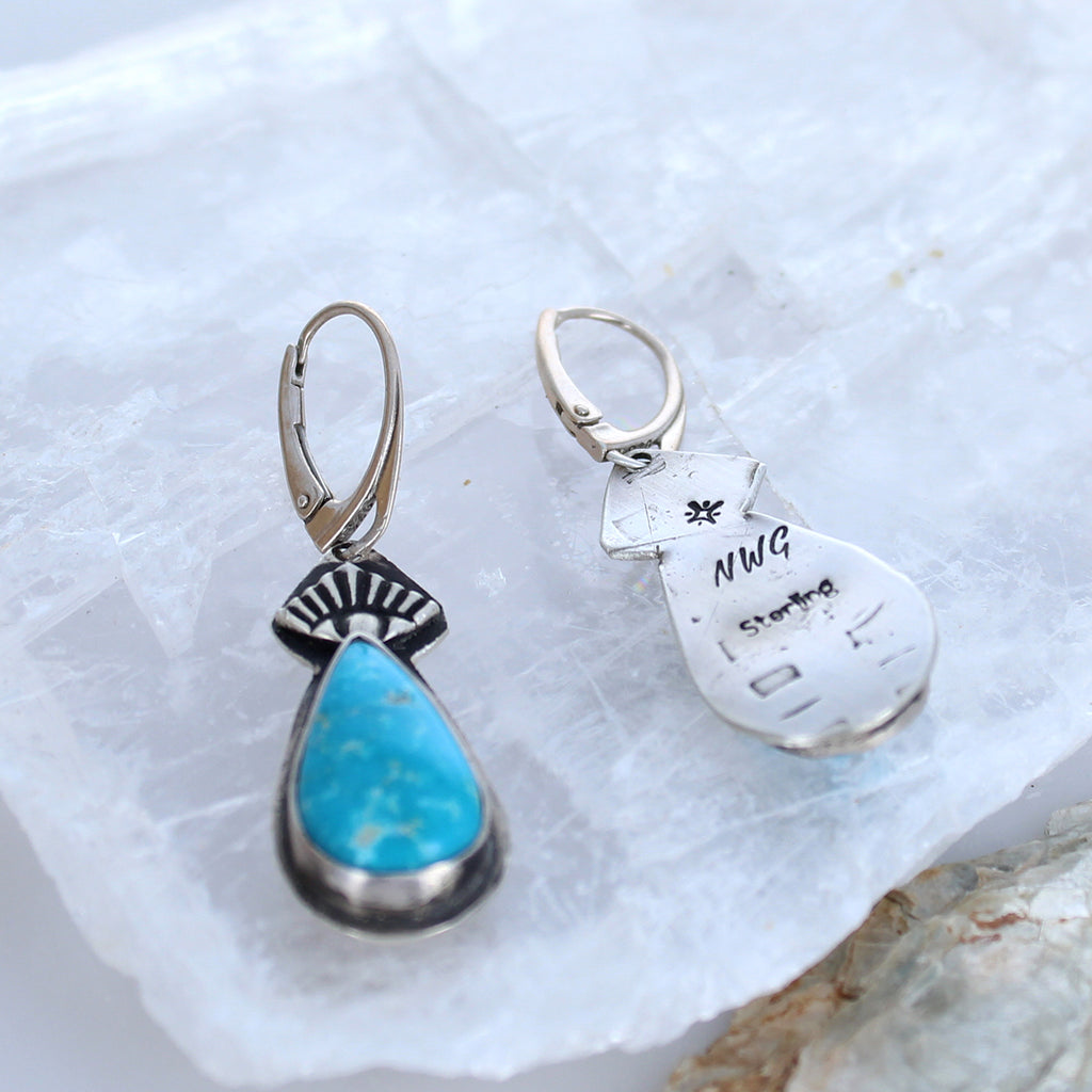Blue Ridge Turquoise Earrings Sterling Silver Teardrops Protective Eye -NewWorldGems