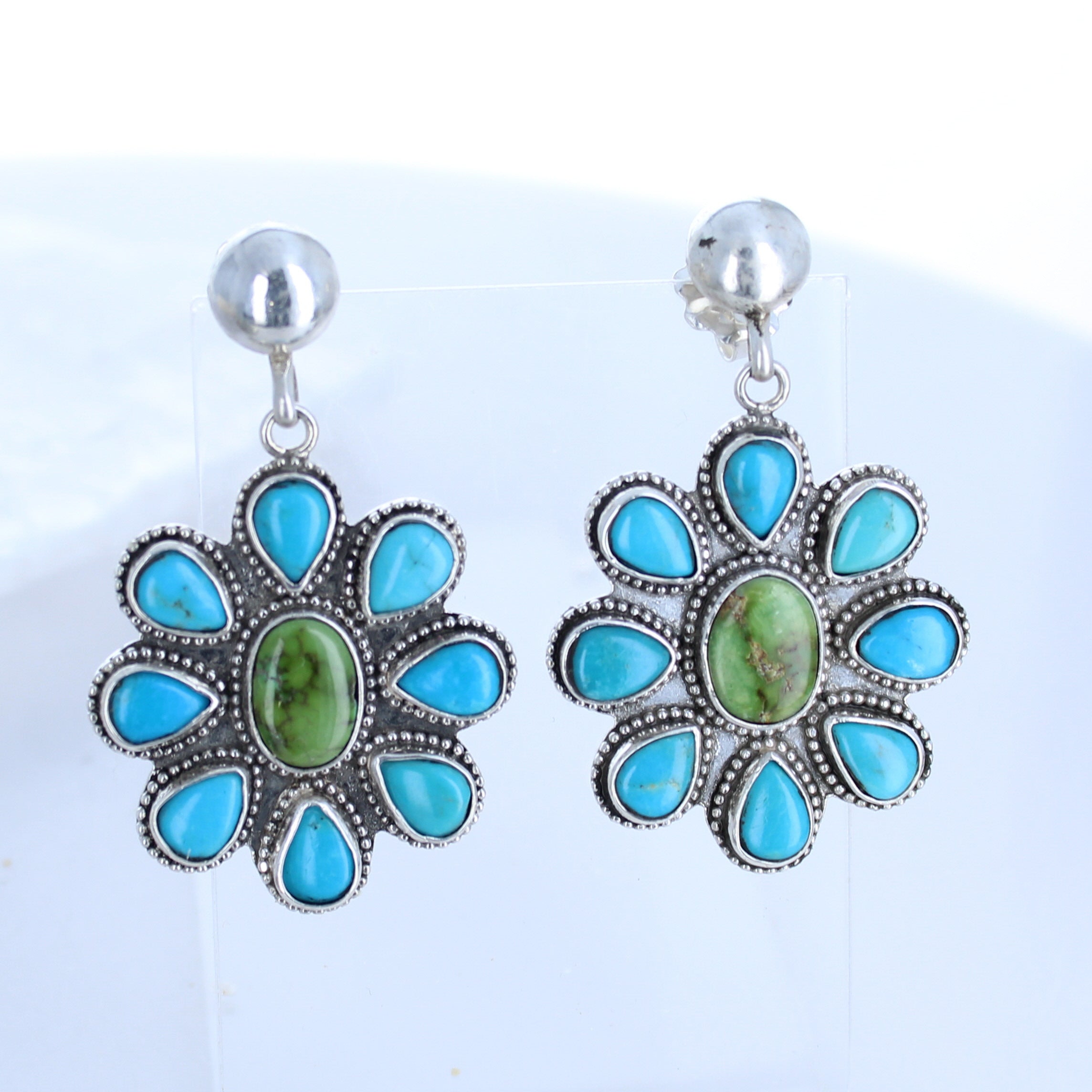 Sleeping Beauty and Sonoran Gold Turquoise Flower EarringsSouthwest 9 Stones -NewWorldGems
