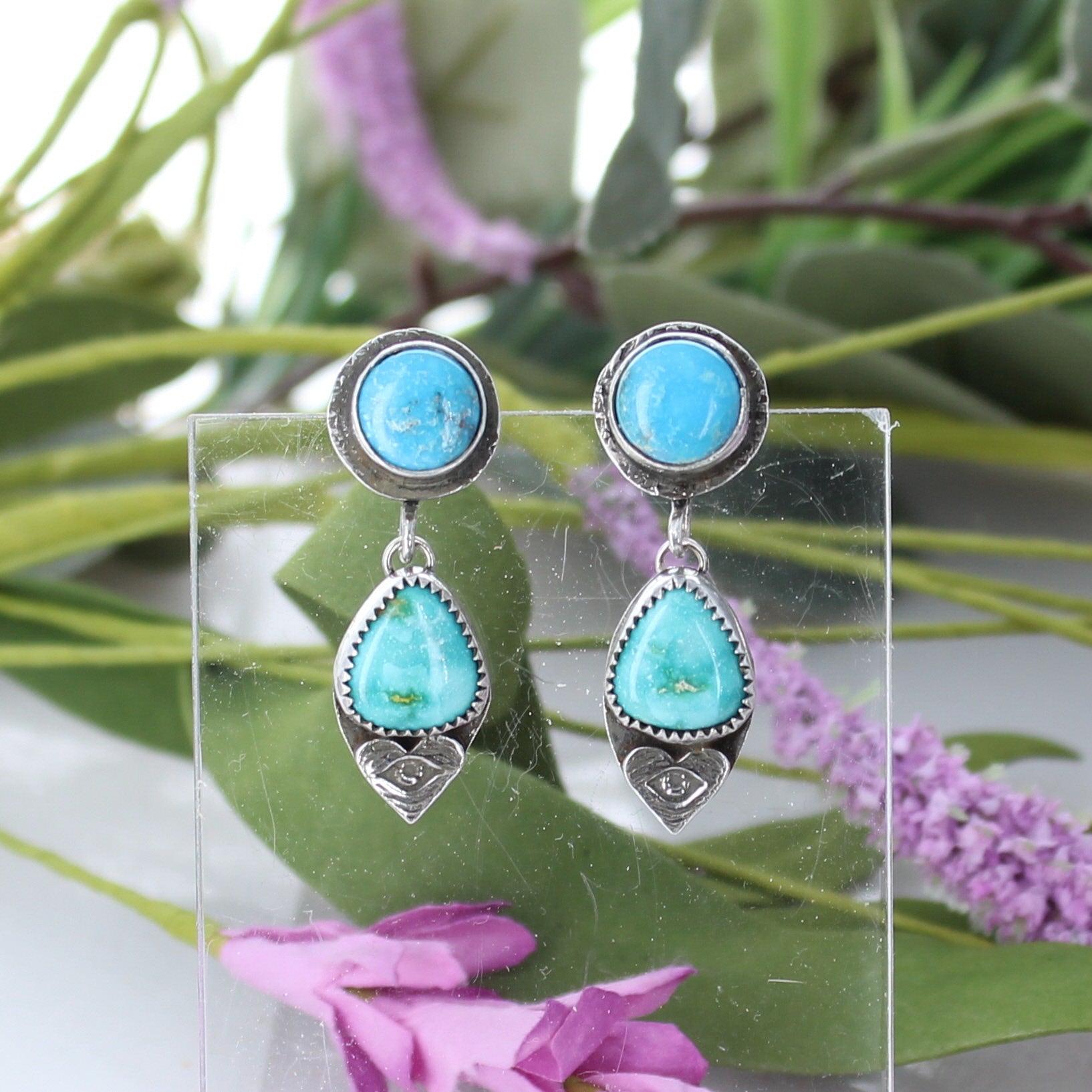 Sonoran Turquoise Earrings Lime Green Blue Sterling 2 Stone -NewWorldGems