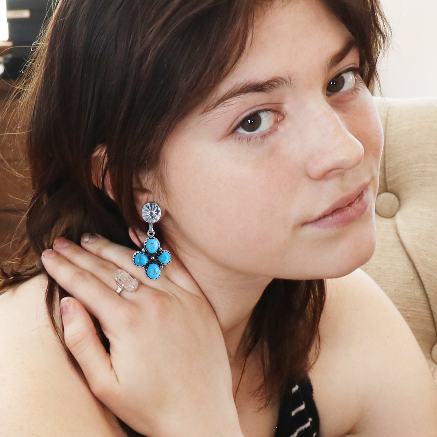 Sleeping Beauty Turquoise Cross Earrings Sterling Silver Boho -NewWorldGems